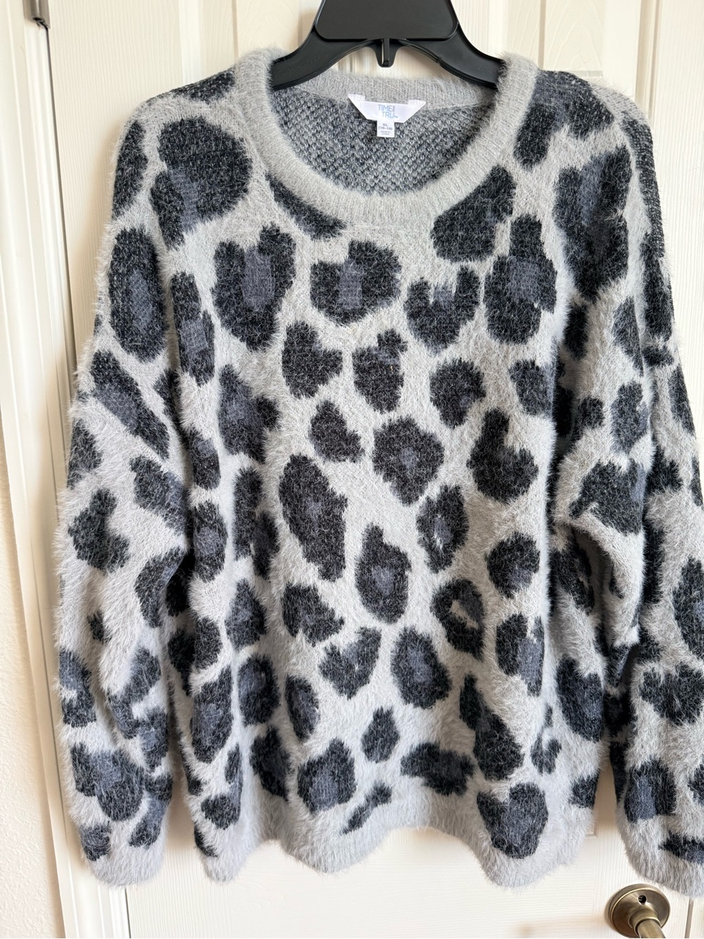 Time and Tru Gray and Charcoal Leopard Print Crewneck Sweater
